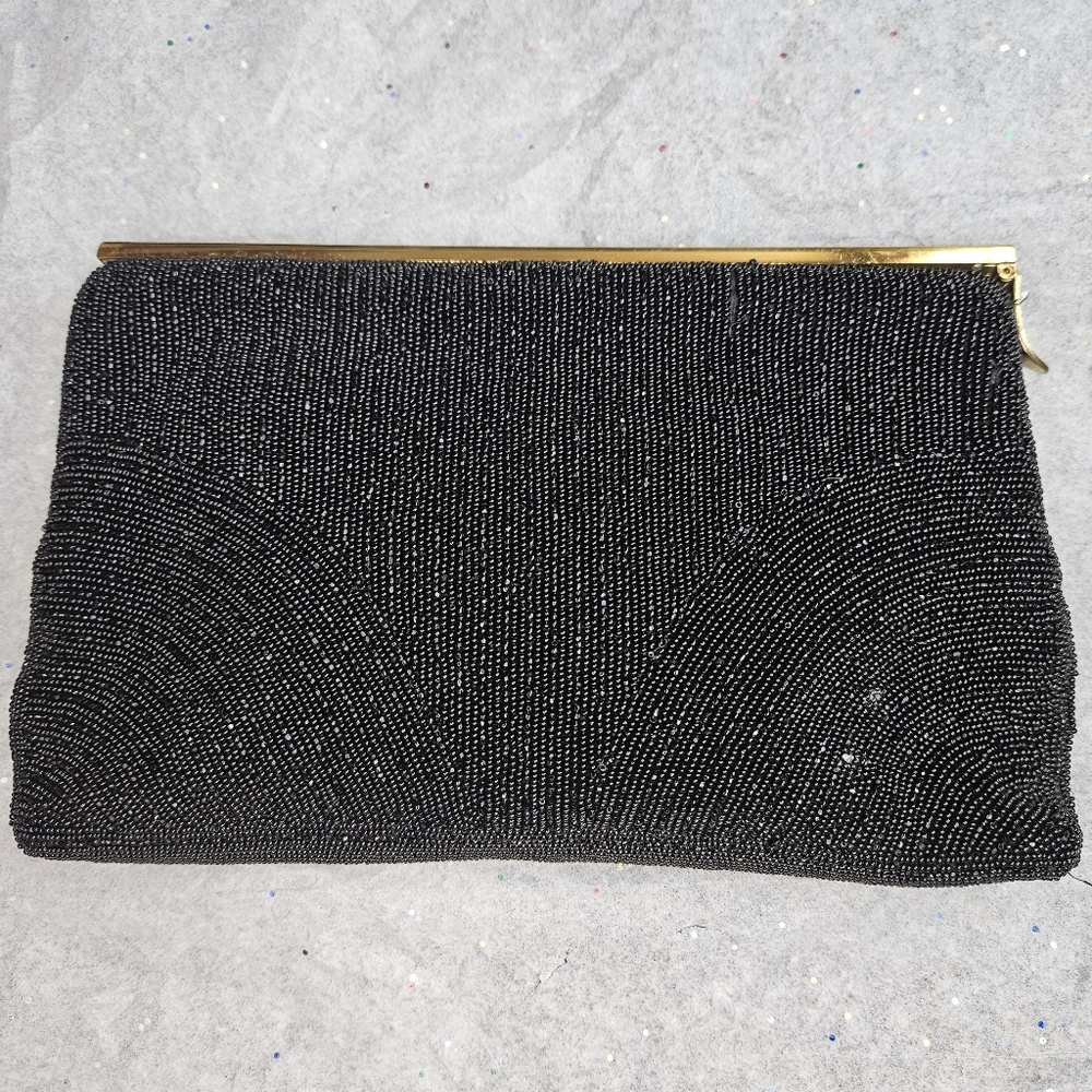 Walborg Vintage Beaded Evening Clutch Purse Black with Gold Handmade in Belgium